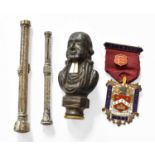 Two SIlver Propelling Pencils, a silver gilt and enamelled Masonic jewel and mother of pearl