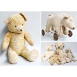 A Steiff Jointed Teddy Bear, a Merrythought bear, three others and a vintage pull along bear (6)