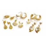 A Quantity of Earrings, including a pair of 9 carat gold earrings; a pair of hoop earrings,