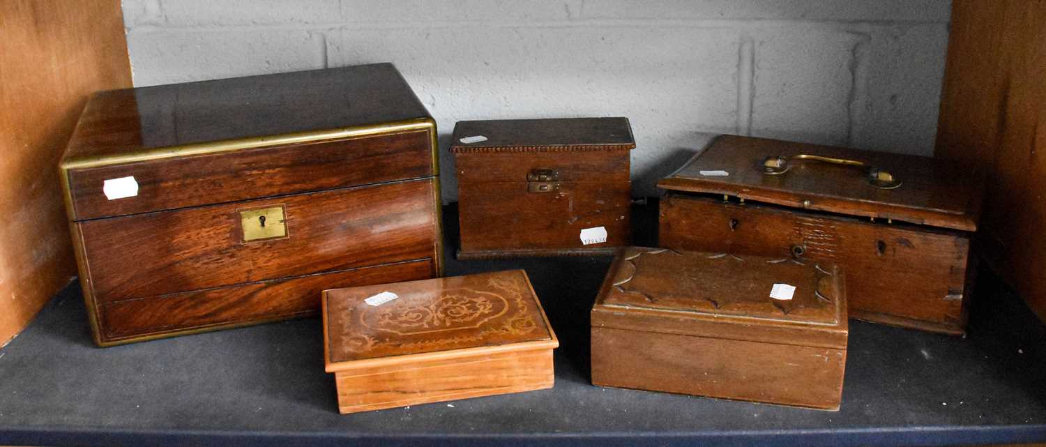 A 19th Century Century Brass Bound Rosewood Vanity Case; together with four other various boxes