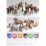 A Collection of Beswick and similar animals and six hock glasses (3 trays)