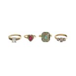 Two 9 Carat Gold Cubic Zirconia Rings, finger sizes Q and P; A 14 Carat Gold Emerald and Diamond