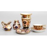 Two Royal Crown Derby Miniature Vases, a miniature cup & saucer, and a miniature jug and stand by