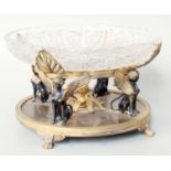 A Grand Tour Gilt bronze and Cut Glass Tazza, with sphinx form supports, and later glass dish 24cm