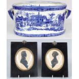 A Reproduction Blue and White Footbath, 47cm handle to handle; together with two silhouettes