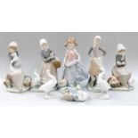 A Group of Lladro Figures, mostly girls with geese and lambs (one tray)