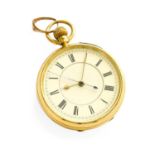 An 18 Carat Gold Open Faced Chronograph Pocket Watch, 1902, manual wound lever movement, enamel dial