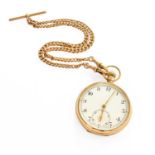 A 9 Carat Gold Open Faced Pocket Watch, with attached 9 Carat Gold Curb linked Watch Chain, each