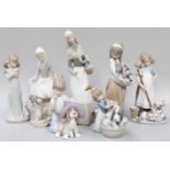 A Group of Lladro Figures, mostly girls with kittens and dogs (one tray)