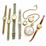 A Gold Plated Pocket Watch with Attached Gold Plated Chain, four lady's wristwatches signed