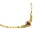 A Synthetic Ruby and Diamond Necklace, the oval cut synthetic ruby within a border of round