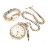 A J.W.Benson, 9-carat Gold Wristwatch, and a silver pocket watch with attached silver watch chain