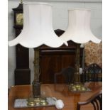 A Set of Four Modern Brass Table Lamps in Gothic Taste, with cluster columns and white silk