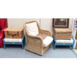 Conservatory Furniture Including, a wicker chair and matching footstool and a pair of blue painted