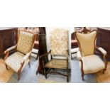 A Beech Framed Bergere Seated Open Armchair, an upholstered mahogany open armchair, an upholstered