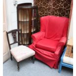 A Georgian Style Wing Chair, a demi lune vitrine cabinet and a side chair (3)