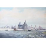 Trevor R Owens (Contemporary)View of the Liver building across the Mersey Signed and dated 1974, oil