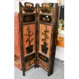 An Oriental Lacquered Four Fold Screen, 40cm by 150cm (each panel)