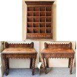 A Pair of Victorian Carved Oak Side Tables, 91cm by 41cm by 94cm, and a leaflet display stand,