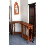 A Pair of Stained Gothic Side Tables, each 61cm by 28cm by 86cm; together with a similar arched