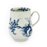 A Worcester Porcelain Bell-Shape Mug, circa 1758, painted in underglaze blue with the Prunus Root