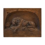 A Carved Oak Plaque, late 19th century, in bas relief with the Lion of Lucerne and inscribed