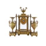 A Green Onyx and Champleve Enamel Striking Mantel Clock with Garniture, retailed by Gibson & Co Ltd,