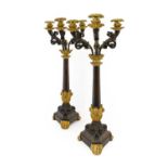 ♦ A Pair of Regency-Style Gilt and Patinated Bronze Three-Light Candelabra, with foliate-sheathed