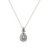A Diamond Necklacethe rose cut pear diamond within a border of old cut diamonds, suspended within