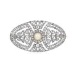A Pearl and Diamond Broochthe oval openwork plaque with a pearl centrally to scroll and foliate
