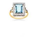 An Aquamarine and Diamond Ringthe rectangular step-cut aquamarine in a white millegrain setting,