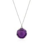 An Art Deco Style Amethyst and Diamond Pendant on Chainthe round cut amethyst in white elongated