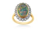 An 18 Carat Gold Opal and Diamond Cluster Ringthe oval opal in a yellow rubbed over setting,