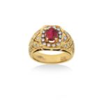 A Ruby and Diamond Cluster Ringthe rectangular cushion cut ruby within a border of round brilliant