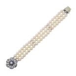 A Triple Row Cultured Pearl Bracelet, with A Sapphire and Diamond Cluster Claspeach row of twenty-