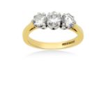 An 18 Carat Gold Diamond Three Stone Ringthe round brilliant cut diamonds in white claw settings, to