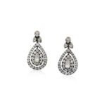 A Pair of Diamond Drop Earringsthe rose cut pear diamond within a border of old cut diamonds,