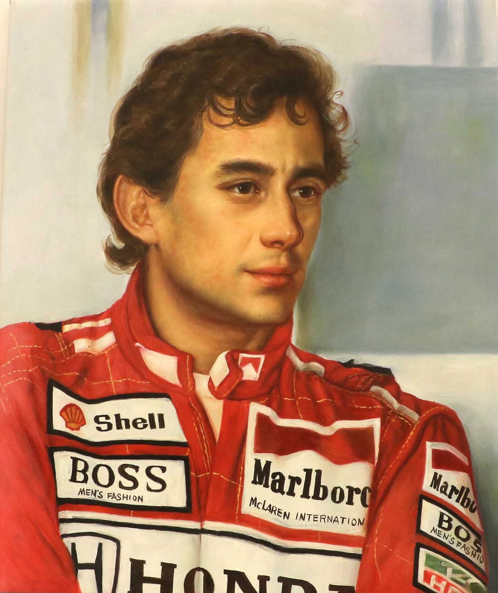 A Plastic Helmet Sun Visor, signed by Michael SchumacherA Portrait of Ayrton Senna, oil on canvas ( - Image 2 of 3