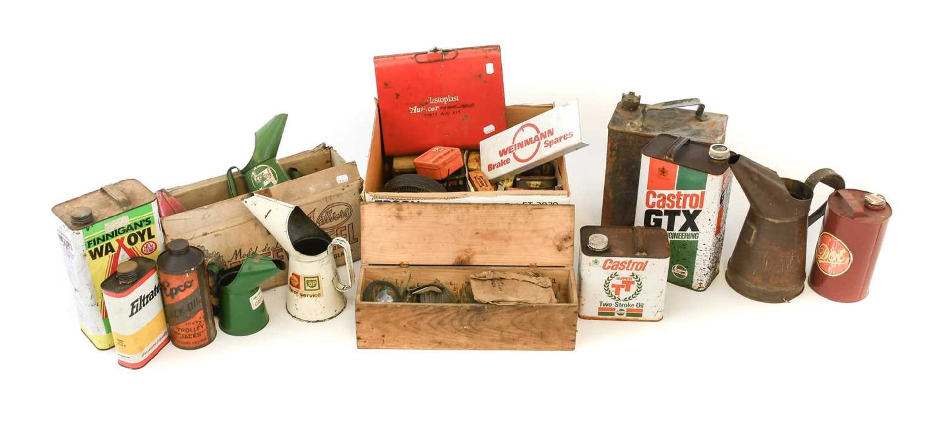 Assorted Tins and Fuel Cans, including Bell and BP oil pourersAssorted Dunlop and John Bull Bike and