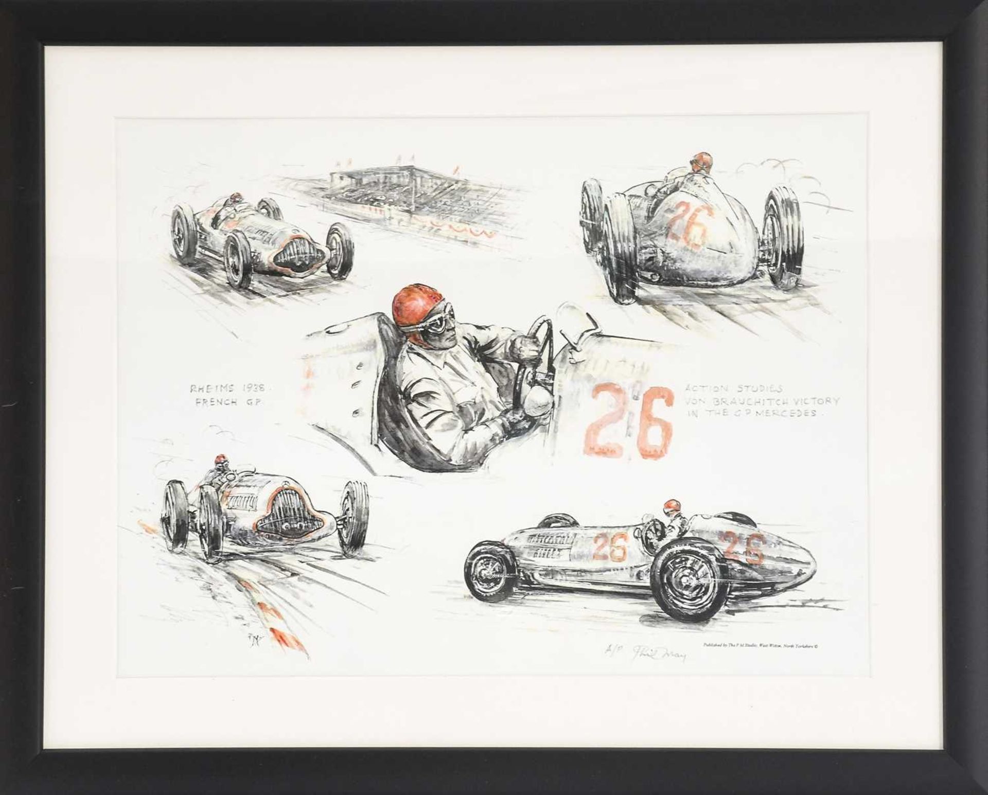 Phil May (b1925)Action Studies Von Brauchitch with the GP. Mercedes, Rheims 1938signed artist's