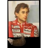 A Plastic Helmet Sun Visor, signed by Michael SchumacherA Portrait of Ayrton Senna, oil on canvas (