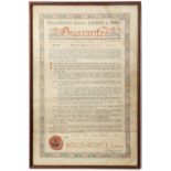 A Rolls-Royce Limited London & Derby Guarantee/Certificate, number 4040, dated 17th June 1921, in