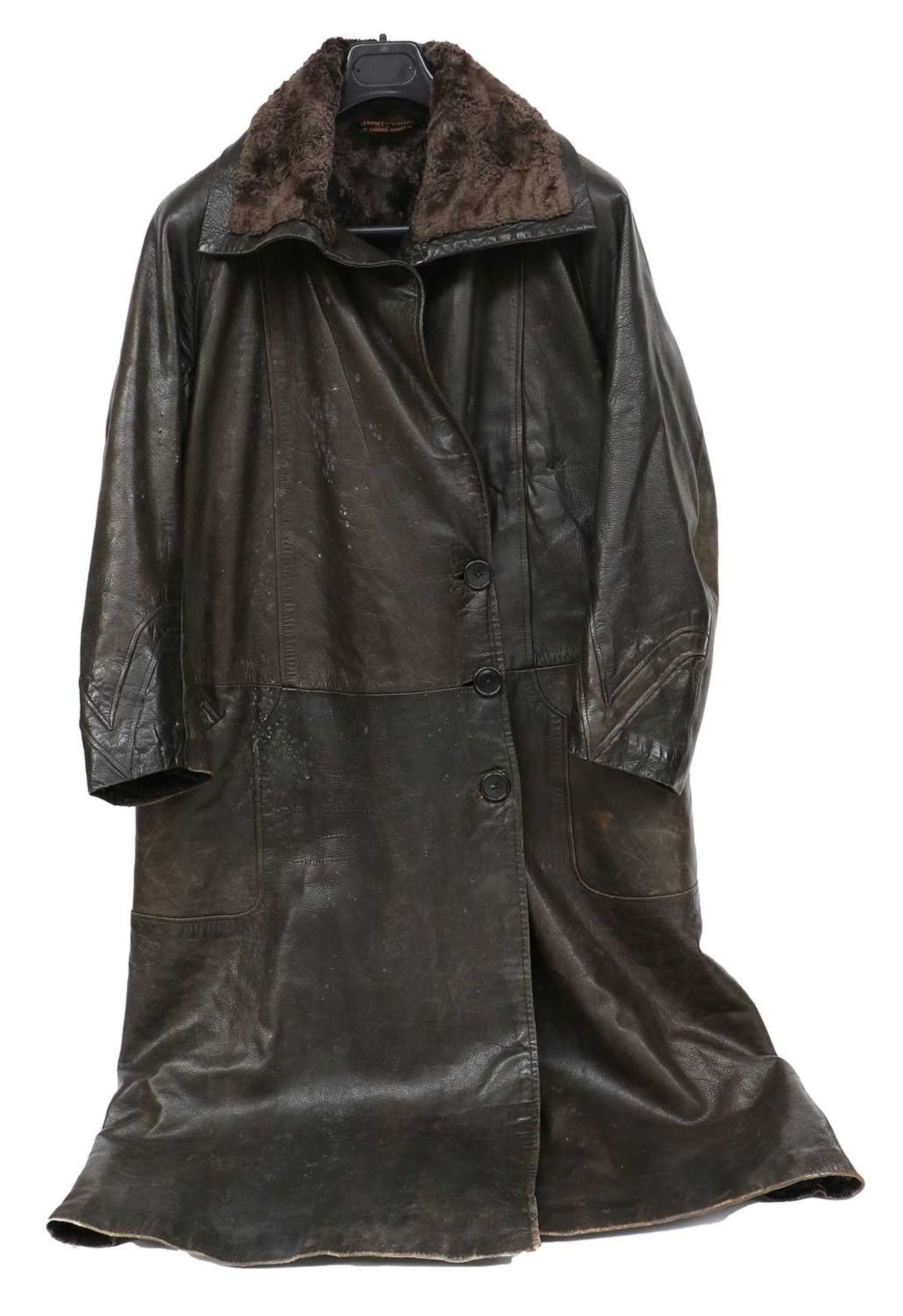 A Black and Brown Leather Driving Coat, Dunhills Ltd, 2 Conduit Street, London, with fur lining,