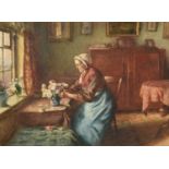 Alfred George Stevens (1817-1875) An elderly lady arranging flowers beside a window Signed,