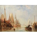 Circle of John Wilson Carmichael (1800-1868) Busy harbour scene Oil on board, 24.5cm by