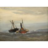 Ernest Dade (1864-1935) Trawler and tugboat at sea Signed, oil on board, 24cm by 34cm