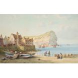 Robert Hannaford (20th century) “Fishing Fleet Leaving Staithes, Yorkshire” Signed, inscribed and