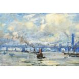 Rowland Henry Hill (1873-1952) The Thames Signed and dated 1922, mixed media, 31cm by 45cmIn an