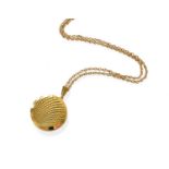 A 9 Carat Gold Locket on Chain, the circular textured locket on a trace link chain, pendant length