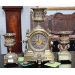 A French Brass Striking Clock Garniture, circa 1880, with twin barrel movement, stamped AB within